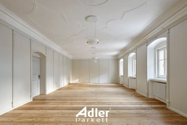 Historischer, leerer Raum mit hohen Wänden, Stuckdecke und elegantem Adler Parkett. Bogenfenster und Tür.